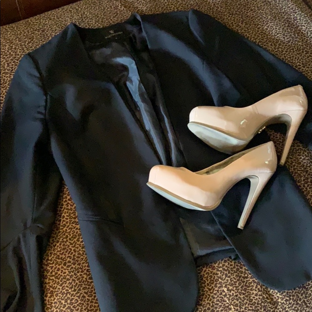 Black ruffle sleeve open blazer jacket
